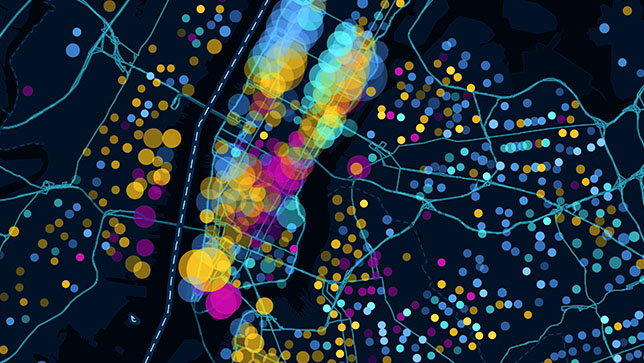 A map of a city with a cluster of brightly colored circles in the center, surrounded by smaller, dimmer circles