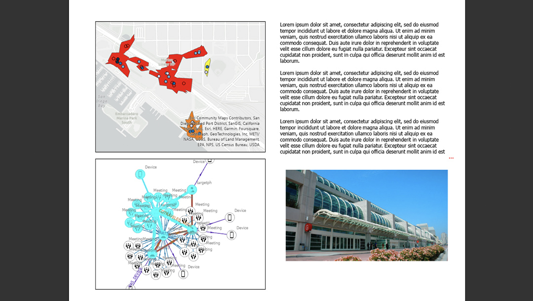 A report with text and a map of buffered movement data, a link chart with connected lines and points, and a building exterior,A report with text and a map of buffered movement data, a link chart with connected lines and points, and a building exterior