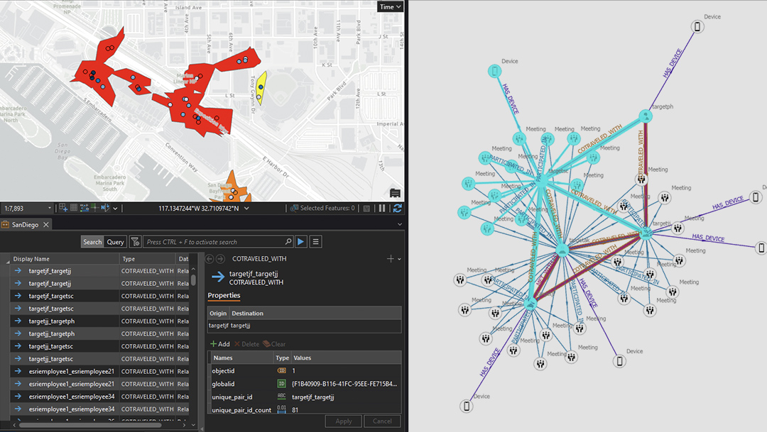 Application with gray map on the left showing buffered movement data next to a link chart with connected lines and points,Application with gray map on the left showing buffered movement data next to a link chart with connected lines and points