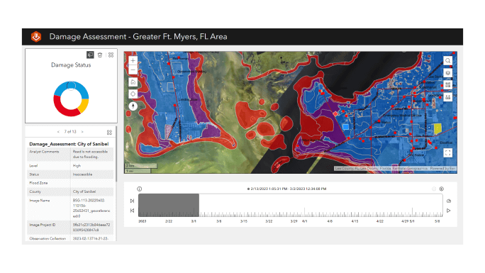 A multi-colored digital map next to a pie chart and black text representing a damage assessment dashboard of City of Sanibel ,A multi-colored digital map next to a pie chart and black text representing a damage assessment dashboard of City of Sanibel 