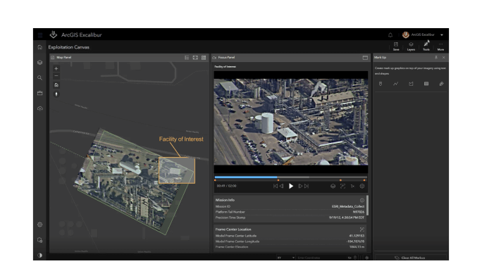 The interface of ArcGIS Excalibur showing an image of an industrial facility with white text representing a remote inspection,The interface of ArcGIS Excalibur showing an image of an industrial facility with white text representing a remote inspection