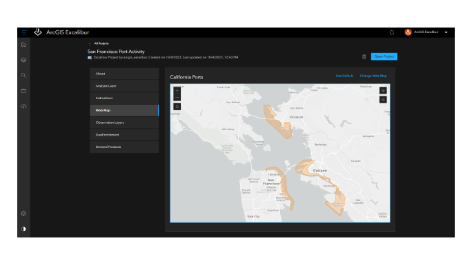 A digital map of San Francisco with land and water next to white text representing an ArcGIS Excalibur project ,A digital map of San Francisco with land and water next to white text representing an ArcGIS Excalibur project 