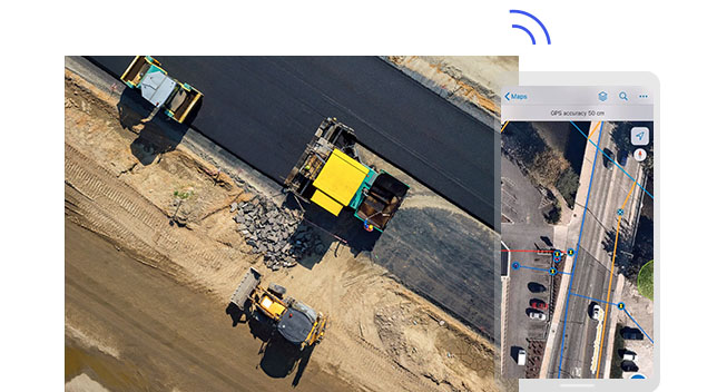 Aerial view of construction vehicles and a screenshot of their location on a map,Aerial view of construction vehicles and a screenshot of their location on a map