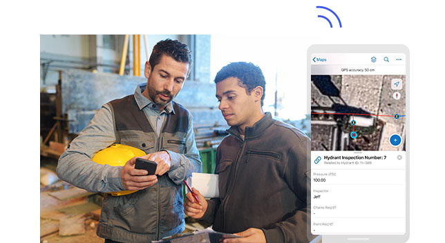 Two fieldworkers looking at a mobile phone and a screenshot of the screen showing the hydrant inspection number and its location,Two fieldworkers looking at a mobile phone and a screenshot of the screen showing the hydrant inspection number and its location