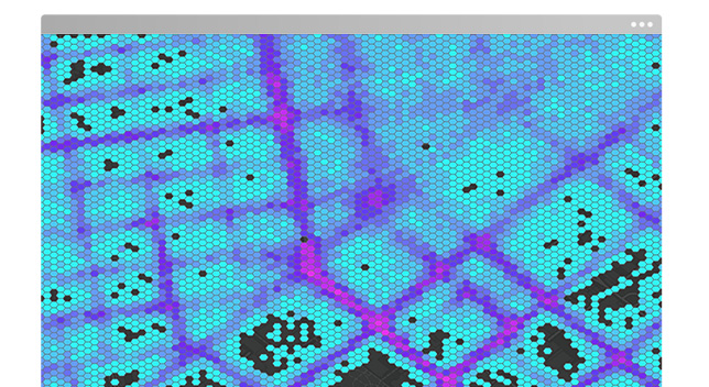 Abstract image in blue and purple and black datapoints showing the number of urban trees aggregated into hexbins ,Abstract image in blue and purple and black datapoints showing the number of urban trees aggregated into hexbins 