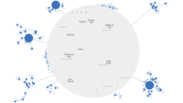 A graphic of a white map of a section of the United States enclosed in a circle, connected to multiple small clusters of different-sized blue circles,A graphic of a white map of a section of the United States enclosed in a circle, connected to multiple small clusters of different-sized blue circles