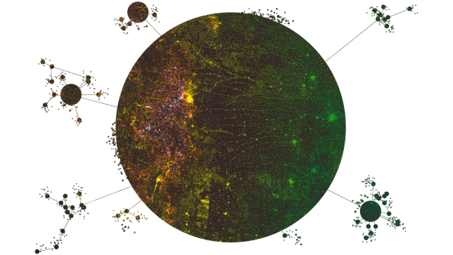 A graphic of a dark cluster dot map enclosed a large circle, connected to multiple small clusters of different-sized circles,A graphic of a dark cluster dot map enclosed a large circle, connected to multiple small clusters of different-sized circles