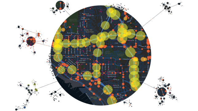 A graphics of a dark dot map with yellow and orange markings, connected to multiple small clusters of different-sized circles,A graphics of a dark dot map with yellow and orange markings, connected to multiple small clusters of different-sized circles