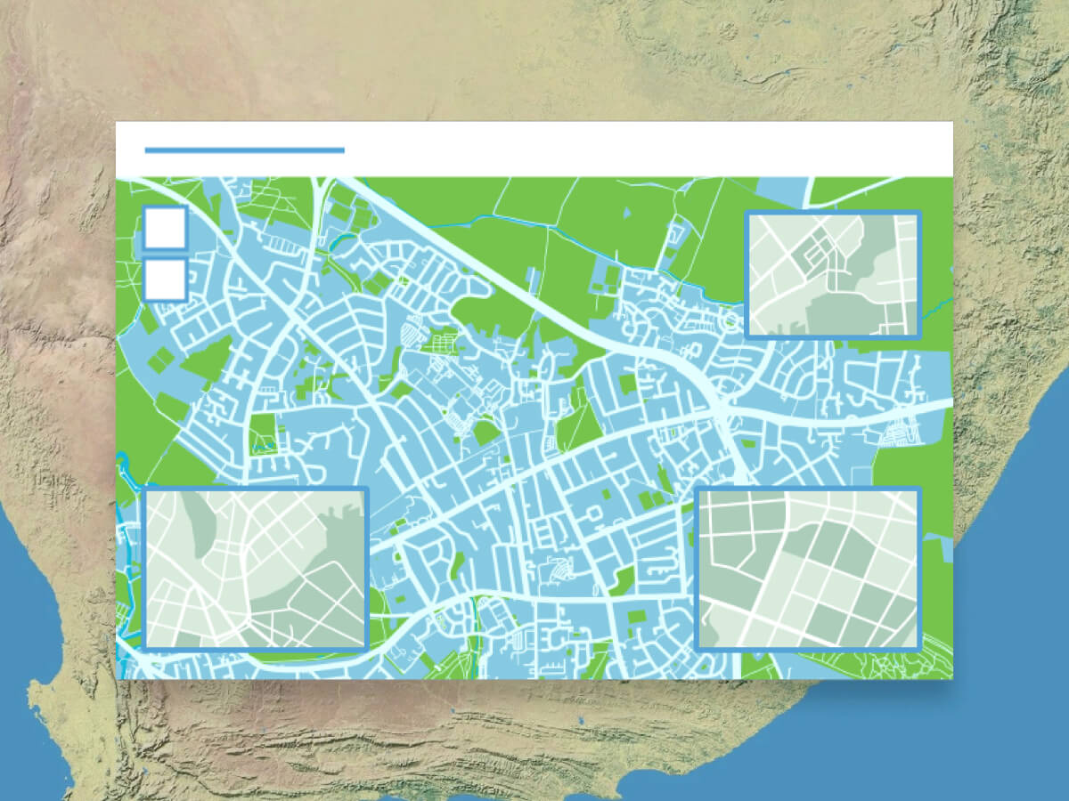 An abstract illustration of a mapping software window showing four different views of the same area