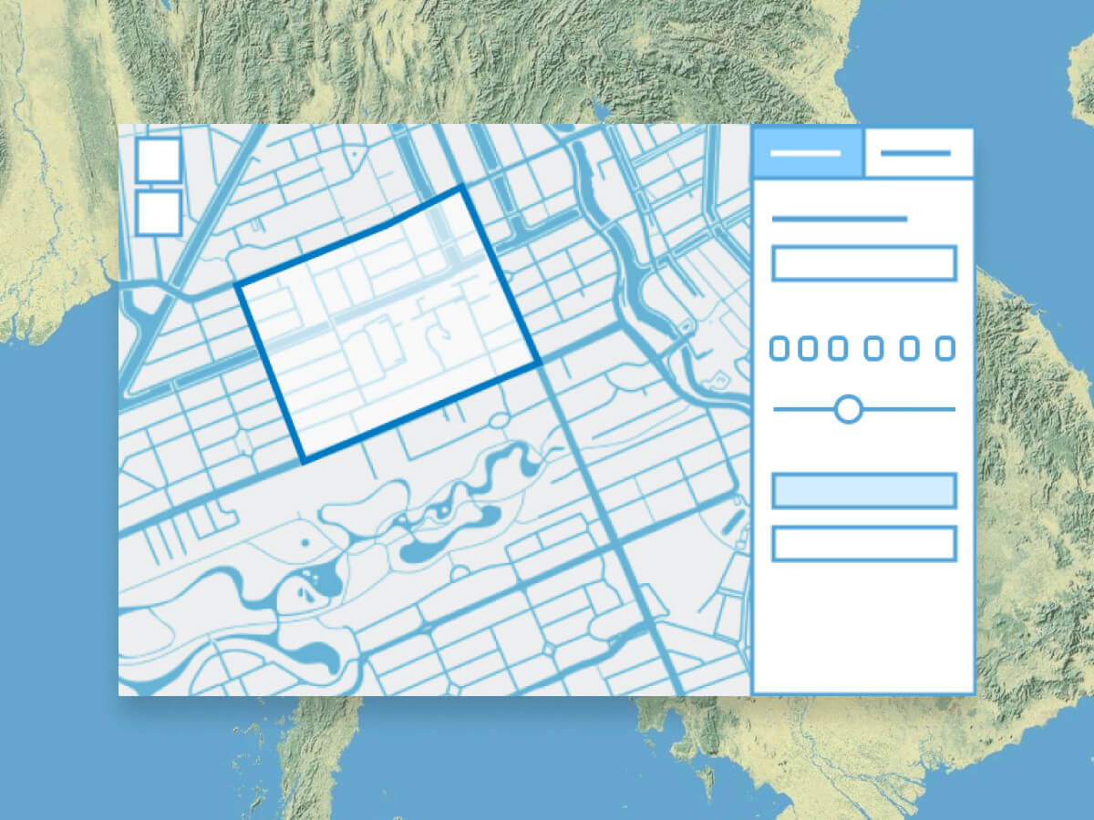 An abstract illustration of a mapping software window highlighting a square area and a menu pane 