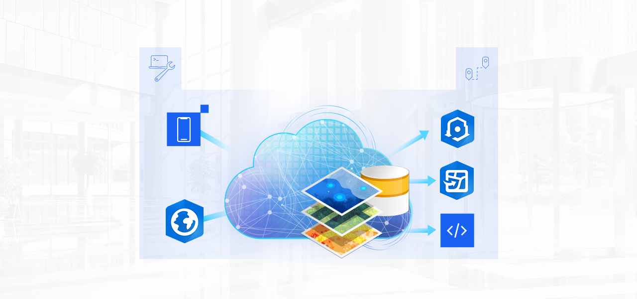 A light blue graphic of a large cloud icon being pointed to and away from by smaller icons that include Esri products, a mobile phone, coding, and maps