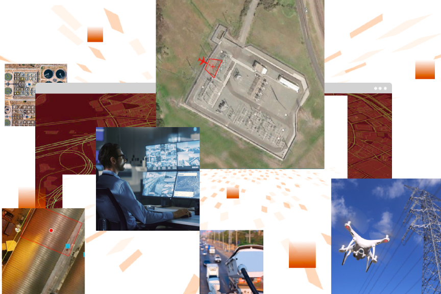 Mosaic of images with a white drone in the air, a security camera overlooking a busy road, and an analyst at a computer