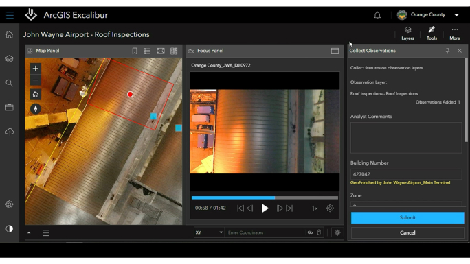 ArcGIS Excalibur interface showing text, a blue submit button, and aerial footage of a roadway