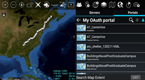 2D map of the United States with green land and blue water in ATAK portal interface with text and symbols