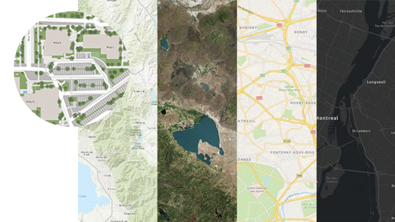 Four rectangular sections displaying different basemap styles overlaid with a street map within a circular border