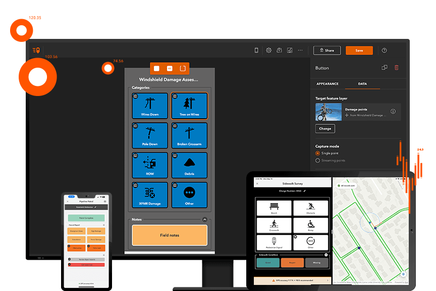 A graphic of a computer monitor, mobile phone, and tablet, all displaying coordinating field data