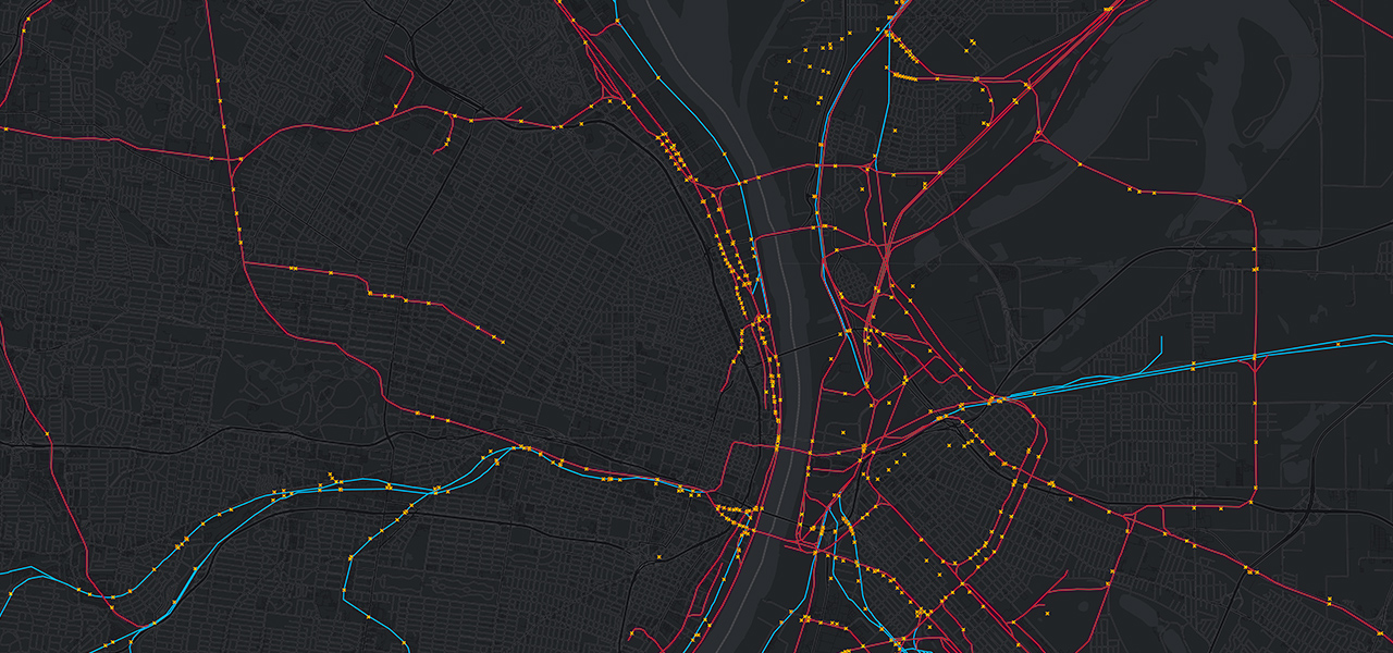 A map with a red line indicating a route or path through the city