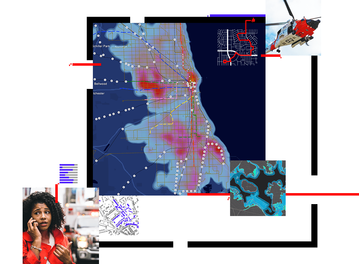 A heat map of a city in red and blue beside a photo of emergency vehicles with smaller images of police officers using a tablet, a helicopter in flight, and several maps