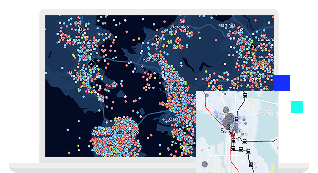 Laptop screen showing a map with scattered blue, yellow, and red dots and a small image of a map with land and water