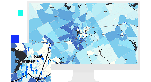 Digital map of an area with regions marked in blue squares and a small popup box showing a closeup of the map 