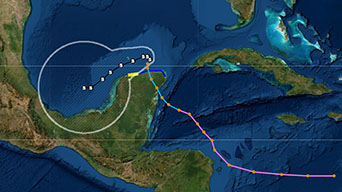 Digital map of ocean and land with a pink line tracing a weather pattern