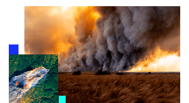 Large fire in a field and a big cloud of gray smoke and an aerial image of a forest fire with orange flames and smoke