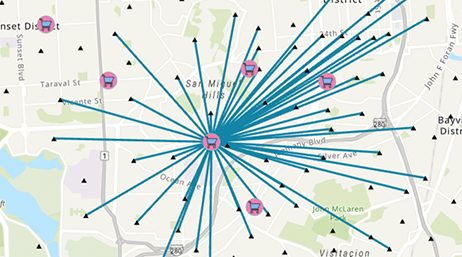 San Francisco street map with shopping cart icons and multiple lines in blue