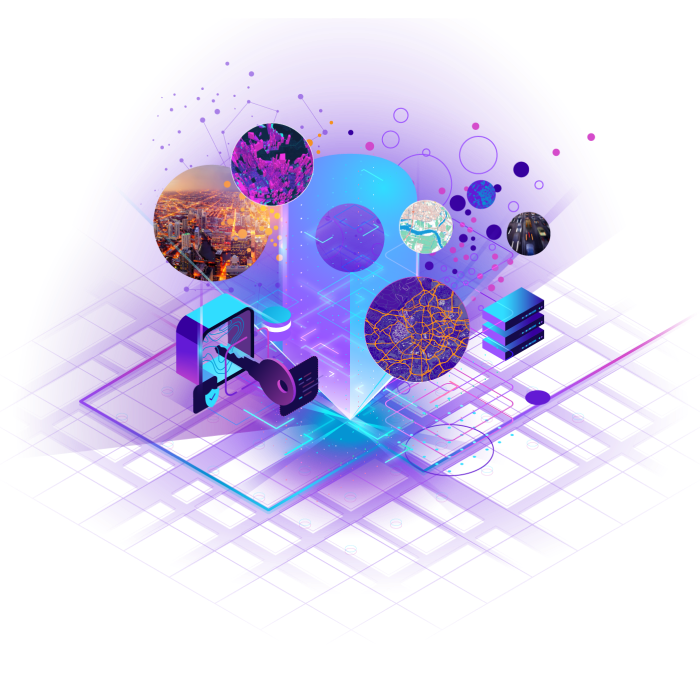 Geocoding symbol over a grid purple map with five rounded shape images of a city, traffic and basemaps as well as a key.