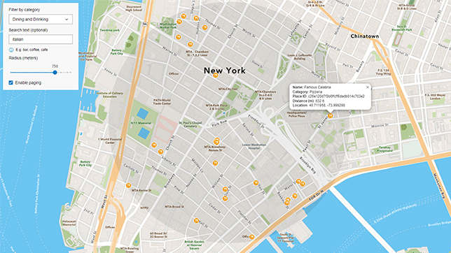 Screenshot of a city street map with fork and knife icons representing points of interest (POI) related to dining establishments in an application.