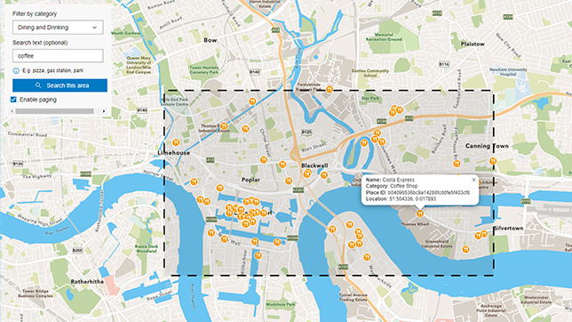 Screenshot of a city street map with building icons representing points of interest (POI) related to businesses in an application.an application.