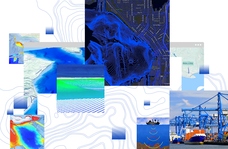 Cargo ship in port, black and blue map with waves representing contours, and blue dots showing a bathymetric point cloud