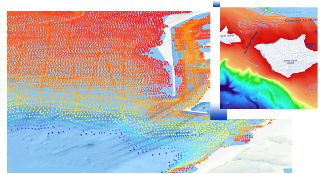 Bathymetric point cloud with blue, red, and orange dots and a bathymetric grid of island with blue, green, and red colors