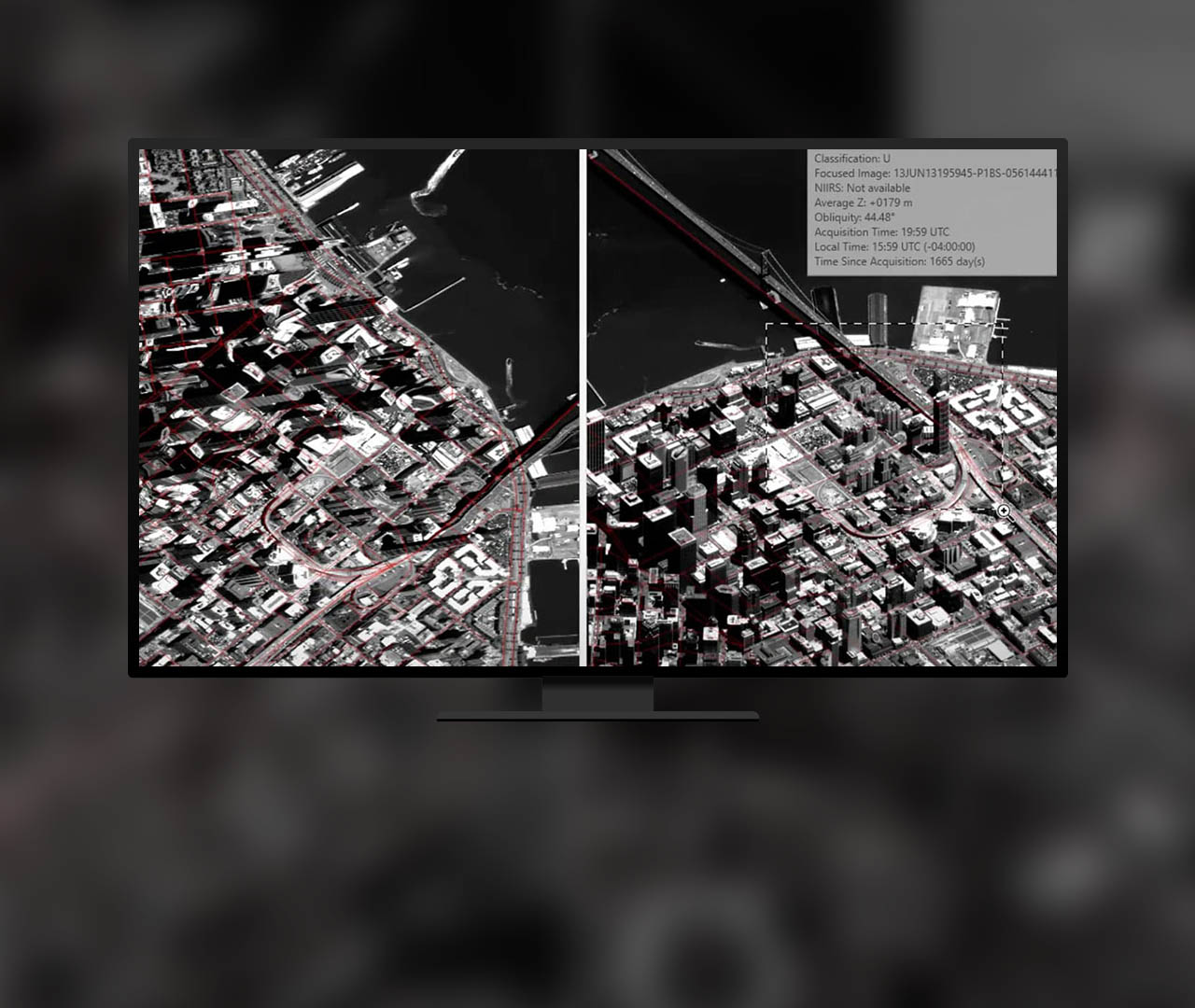 A side-by-side view of an oblique globe digital satellite image with feature data