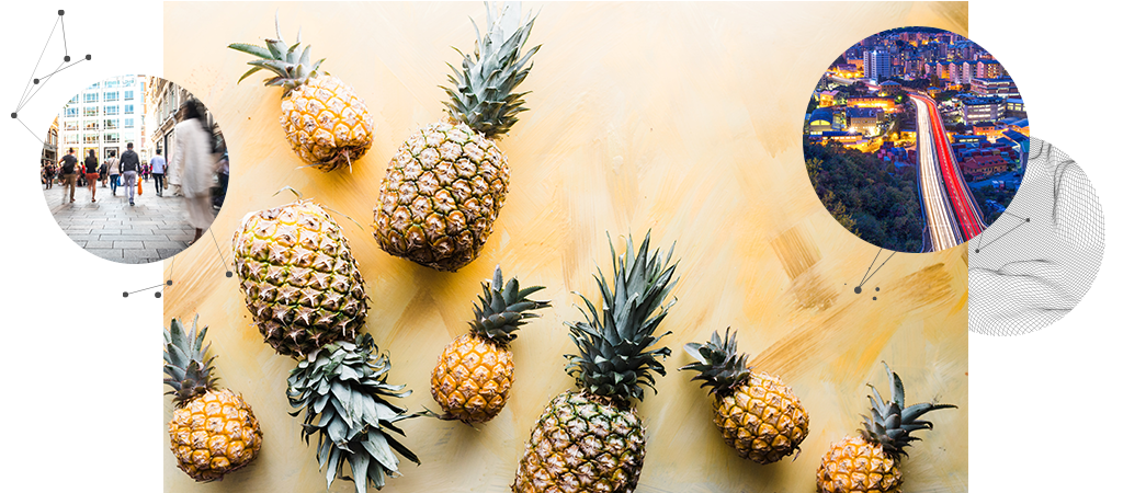 A group of small and large pineapples next to a small image of people walking on a sidewalk and a busy city highway at night