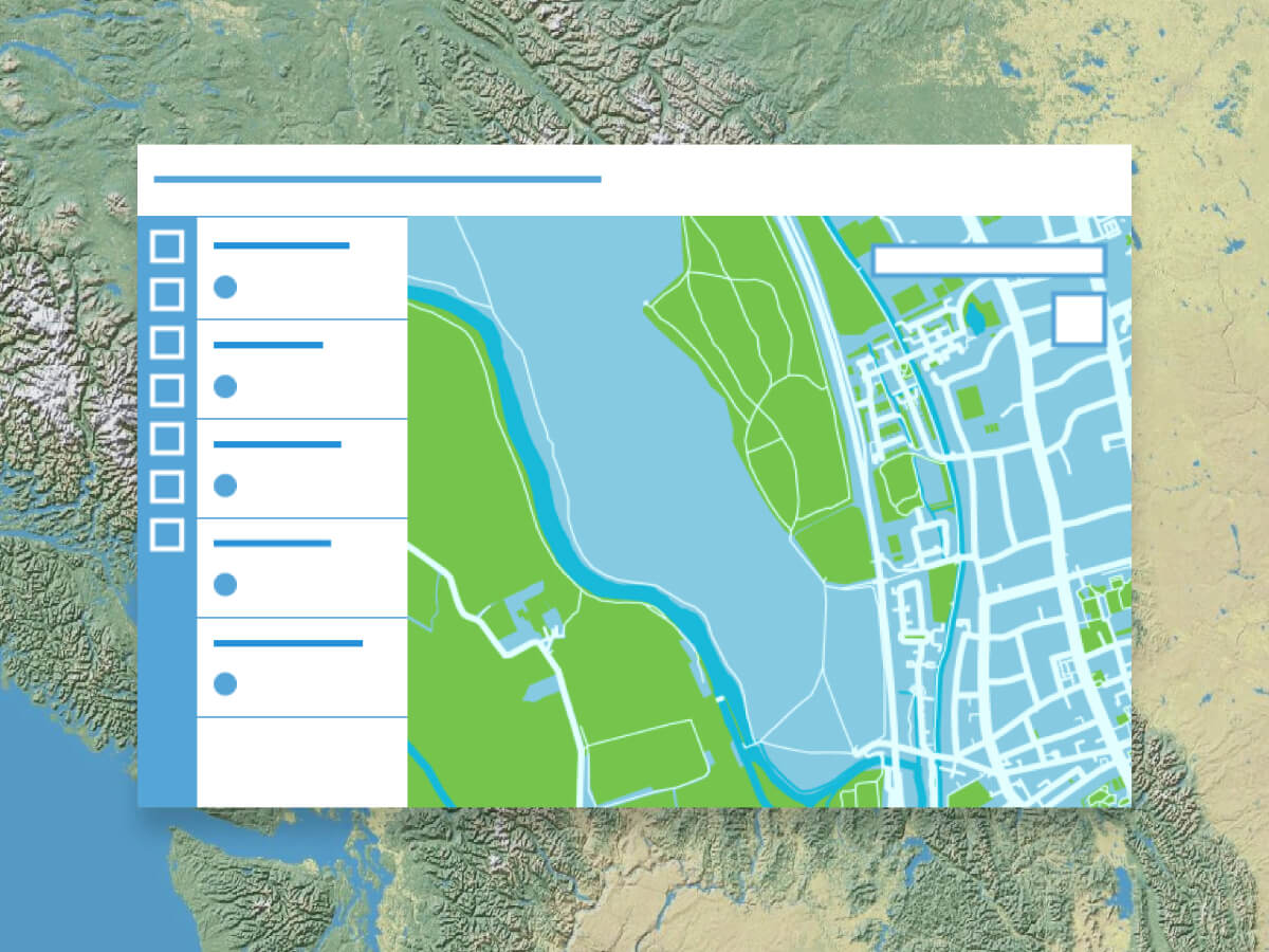 An abstract illustration of a mapping software window with a menu pane and map