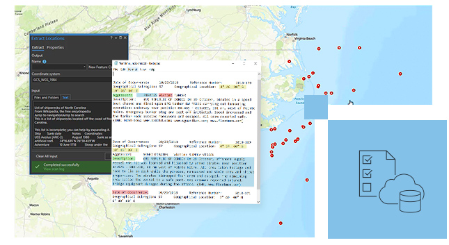 Map of the east coast of the United States with red data points and a cloud icon and paper icon