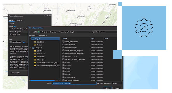 A land map with a gear icon and a black popup box with project information and feature data