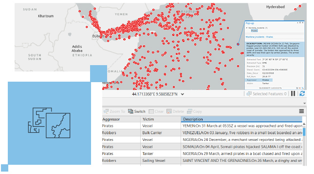 Gray land map with scattered red data points and textual data displaying under the map