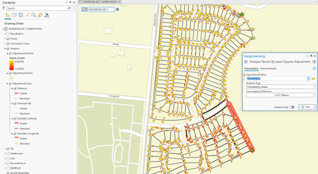 A computer program window with a menu pane and a parcel map of a neighborhood