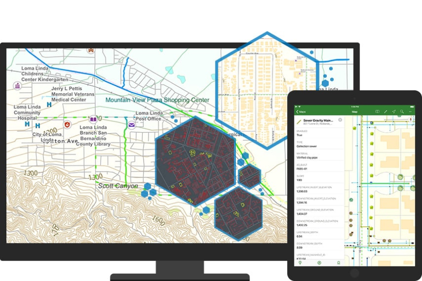 A graphic of a monitor displaying an elevation map with local landmarks labeled, overlaid with several other area and route maps in small hexagonal borders