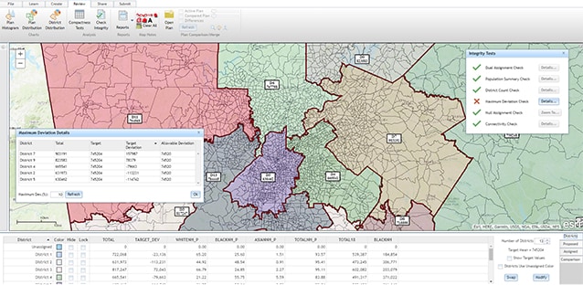 A multicolored state map with districts shaded different colors, overlaid with menus of analysis options