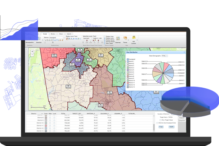 A graphic of a laptop monitor displaying a colorful district map alongside a pie chart and menu of analysis options