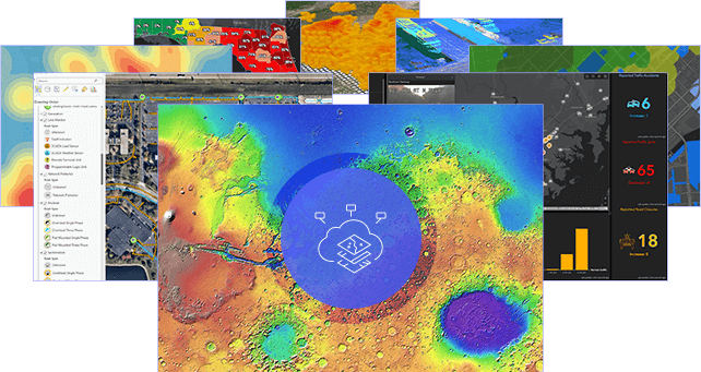 Eight overlapping images of colorful heat maps, city maps, aerial city photos, and map dashboards on a blue maplike background