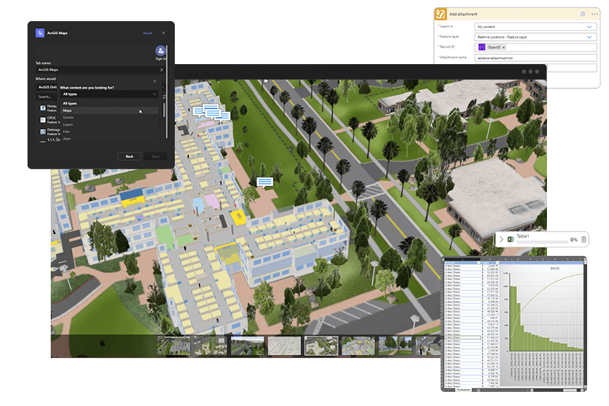 A digital 3D map showing buildings, trees, and roads with an inset bar graph and layer interface