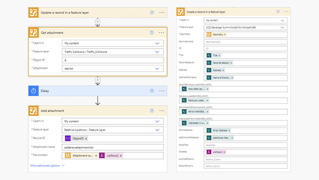 A screenshot of ArcGIS Power Automate showing white fillable boxes and text representing a trigger event and conditions