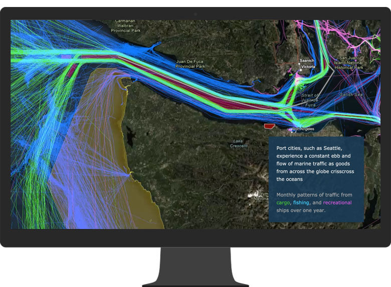 A computer monitor displaying an ArcGIS StoryMaps story of biodiversity