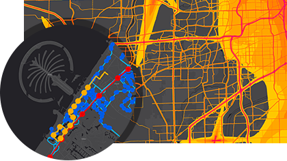 Section of a map with several routing directions in Dubai next to an inset yellow and gray basemap map of city streets 