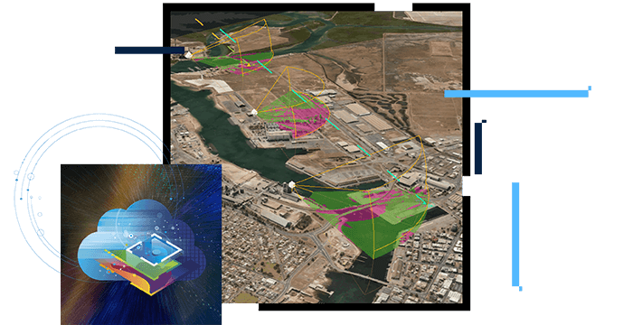 Satellite imagery of a waterway and brown land with green and pink shaded areas on it and A graphic of a cloud and layers of information 