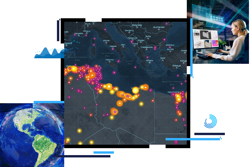 A gray country map with yellow and pink points, a graphic of the globe in bright blue and green, and a woman sitting at a modern workstation accessing maps on multiple monitors