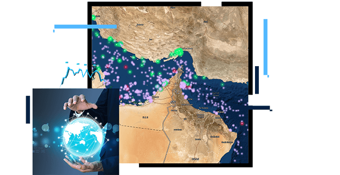 Land with waterway, green and purple dots on water and shores and Globe image floating between two hands